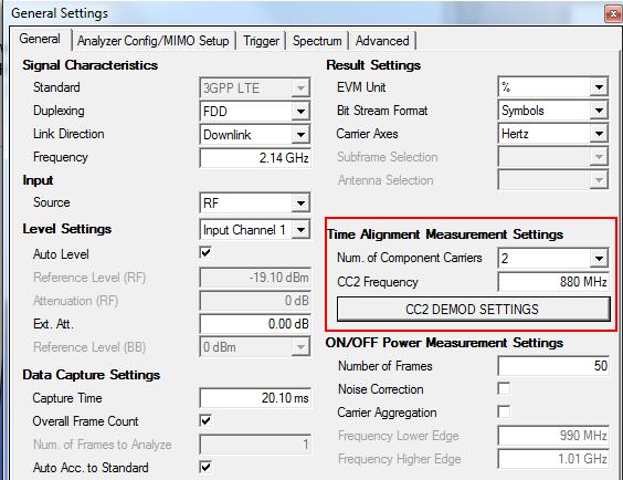 In the Time Alignment Measurement Settings section, set the Num of Component Carrier field to 2 and then set the corresponding frequency of
