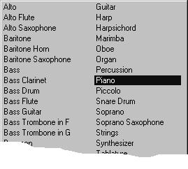 3. In the Instrument section display the Instrument Name pop-up menu, which lists common instruments. Choose Piano for the current track.
