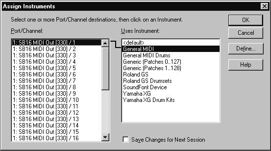 Assigning Instruments If you plan to use MIDI, once youõve set up your MIDI devices you need to assign a MIDI instrument deþnition to each available MIDI port and channel.