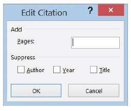 5. Click Yes. 6. The citation is still selected. Click the downward-pointing arrow on the placeholder again, and this time select Edit Citation. The Edit Citation dialog box appears (right).