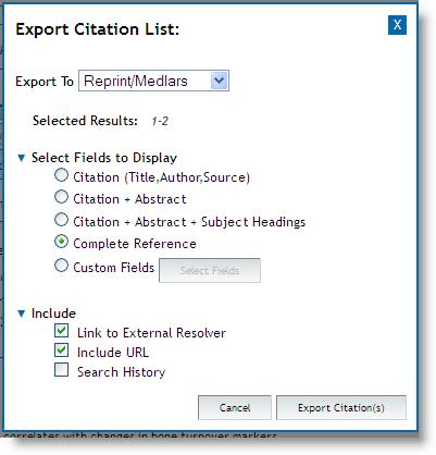 Import from Ovid MEDLINE Mark records from search results. Click Export link at Results page. Export To Reprint/Medlars Select Fields to Display Complete Reference Click Export Citation(s).