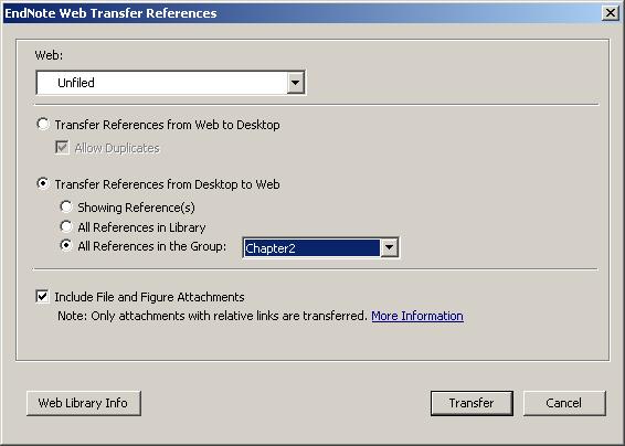 Select the EndNote Desktop folder you want to transfer from ( Chapter2 is currently selected ) and the folder in EndNote Web you want to transfer to (in the