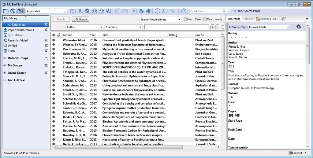 Add references to a library 5. The Library window is shown, with references sorted by first author name, publication year or title (Figure 6).