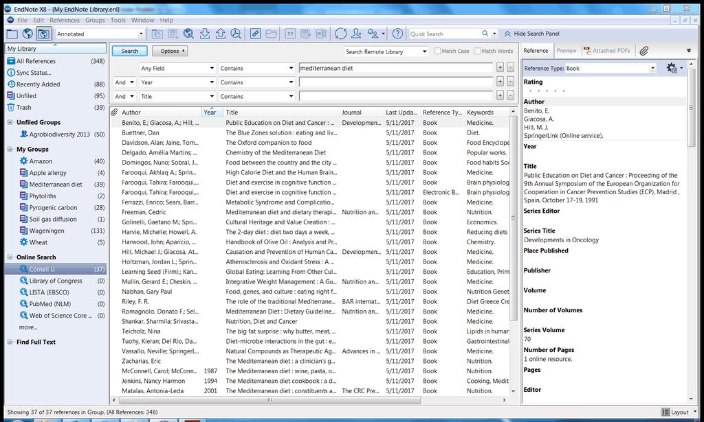 Add references to a library Figure 35. Connection window 5. After you have finished searching the Cornell University catalogs, click on the group All References to view your entire EndNote library.