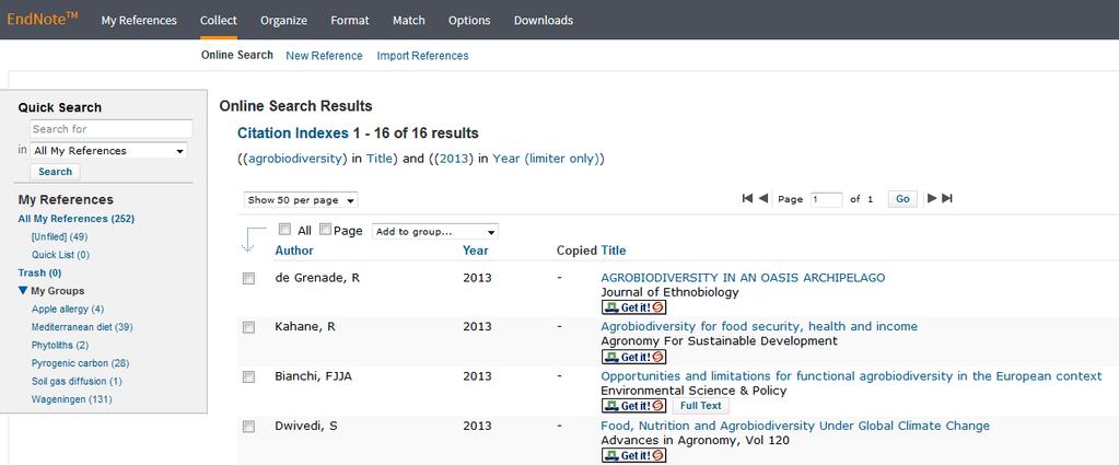 Figure 64. Results for search on agrobiodiversity in 2013 in Web of Science Core Collection In the drop-down menu Add to group... you can choose a (new) group to add selected references to.