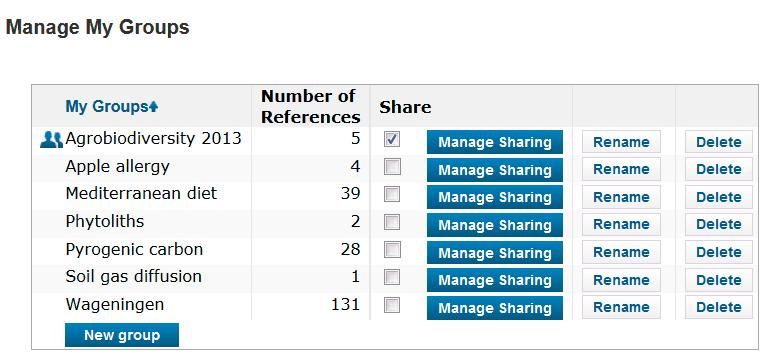 7.5.1 Manage my groups Select Manage My Groups under the Organize tab to manage and create groups (Figure 67). Click on the button New Group to create a new group. Figure 67.