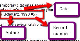 In your Word document place your cursor at the relevant point in the text. Type in first author s last name, the year of publication, and the record number for that reference in curly brackets.