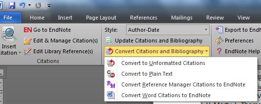 Managing your References using EndNote X7 (PC): getting started Exercise 28. Removing Field Codes Form the EndNote menu, click Convert Citations and Bibliography. Select Convert to Plain Text.
