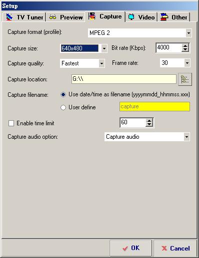 2.2.3 Capture 2.2.4 Video Setup Capture format (profile):setting what kind of video format you want to record. Capture Size: Setting video capture size. Bite Rate (Kbps): Setting capture bite rate.