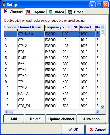 Auto Scan: Click the button to start Auto-scan function. 3.2.2 Capture Setup Capture format (profile): The capture format of DVBT is MPEG2.