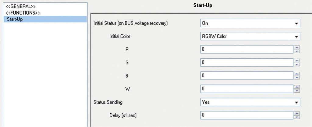 5.3.8. START-UP This function permits setting the desired state to be applied to the module when the device starts up. A default or a custom configuration may be selected.