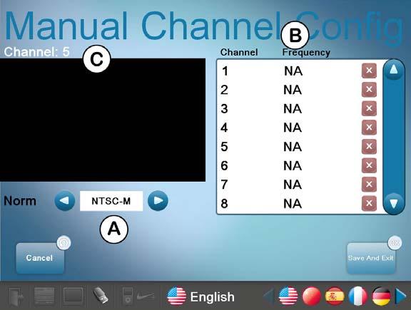 Service Menu Manual Channel Config Manual Channel Configuration allows you to manually configure the frequency of each channel.