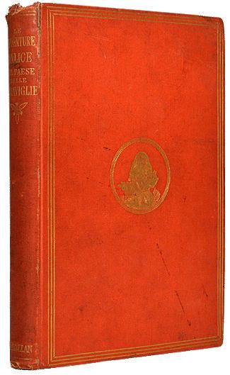 Bound in the original bright red cloth, the covers with a gilt three line border and circular centrepieces of Alice and the pig on the front and the Cheshire cat on the rear, spine lettered in gilt,