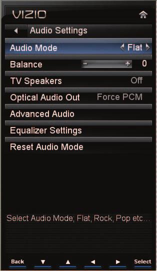 Audio Settings Menu Audio Mode Choose from Flat, Rock, Pop, Classic or Jazz. Note: The Audio Mode adjustment will only be available when SRS TruSurround HD is set to Off.