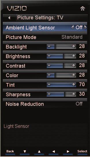 Picture Settings Menu Ambient Light Sensor Choose On or Off. When set to On, your HDTV will automatically adjust to light changes in the room.