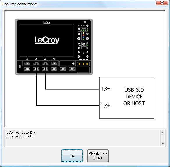 QPHY-USB3 Operation QPHY-USB3 Software Option After pressing Start in the QualiPHY menu, the software instructs how to set up the test using pop-up connection diagrams and dialog boxes.