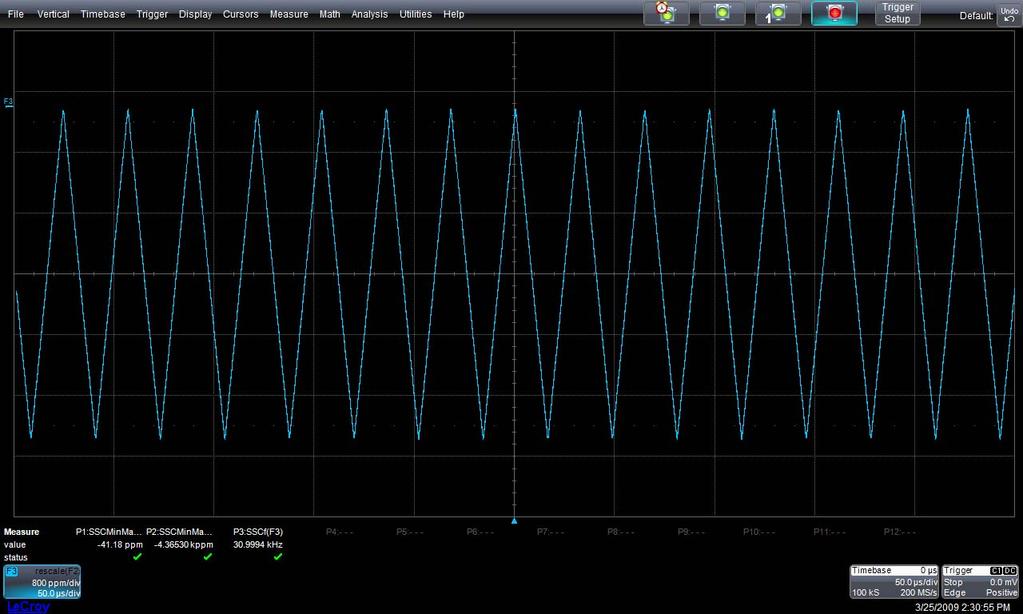 QPHY-USB3 Software Option Figure 12 - Oscilloscope Configuration after the Spread Spectrum Test The oscilloscope screen is now displaying the SSC Track. There are also 3 parameters on the screen.