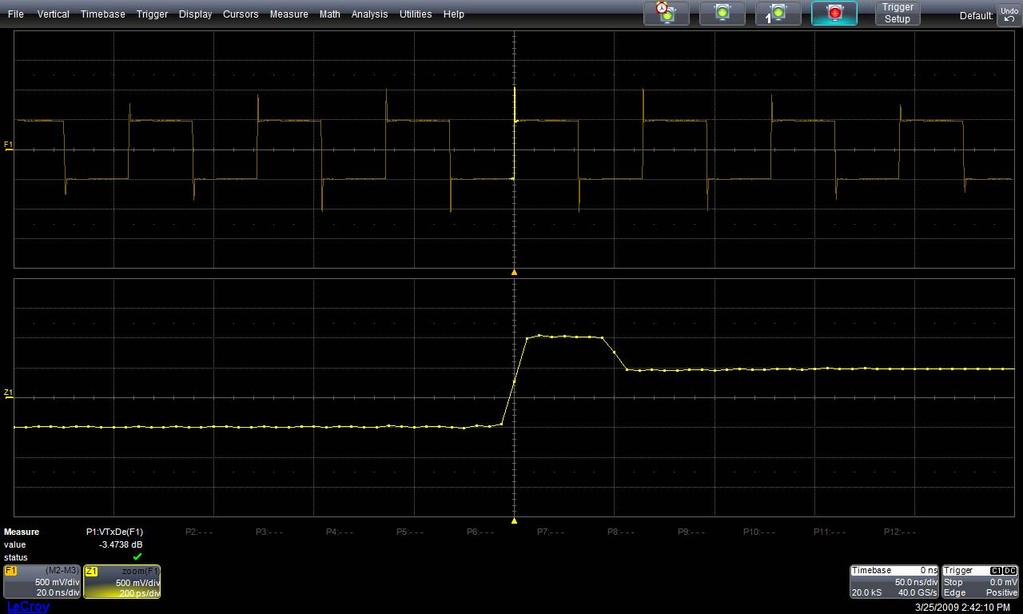 QPHY-USB3 Software Option Figure 14 - Oscilloscope screen after the De-emphasis Ratio Test On the screen are F1, Z1 and P1. F1 is the difference between the two input channels (C2-C3).