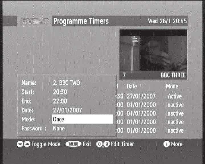 10 - Using the receiver with a VCR A - Programming Go to Menu / Timer. The Timers Programme window lists the programs to be recorded. To program a new recording, press OK on an empty line.