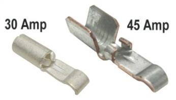 Insert the wire and squeeze the crimp tool until it ratchets and releases. The crimp is complete. The pictures below show the 45 amp connector. This die set has also been used on Molex crimp pins.