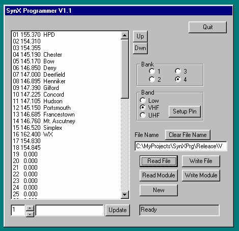 With power applied to the SyntorX, or the serial interface adapter board, start the SynXPrg program executing by pressing the Start Icon and following the pop up menus to Programs, SynXPrg and