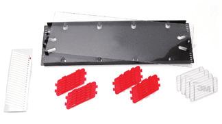 An important design feature of these stackable trays is the snap-on hinge cover on each tray.