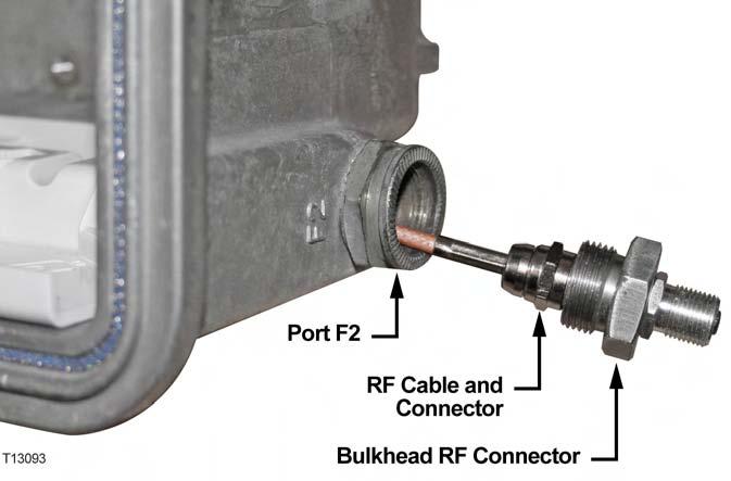 FLI Module Installation 4 Insert the threaded F-type connector on one end of the RF cable assembly through port F2 and outside
