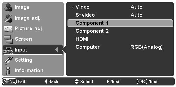 When selecting Video or S-video, press the Point 8 button to display the System Menu. Use the Point ed buttons to select the desired system and press the OK or Point 8 buttons.