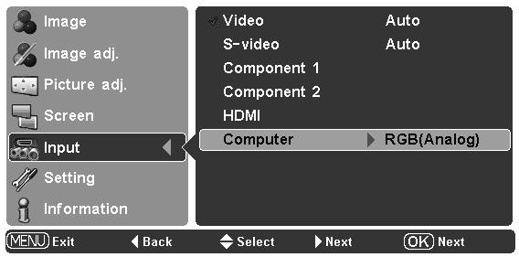 Input HDMI When the video input signal is connected to the HDMI terminal, select HDMI. The projector automatically detects the incoming video signal and adjusts itself to optimize its performance.