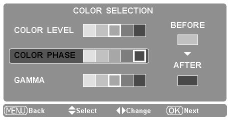 If you press the MENU button while operating the color selection, the Color management pointer will be reset. After adjusting, press the OK button to go to the Color management list.