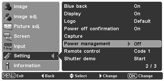 Setting Logo This function decides on the starting-up display from among the following options. Press the Point 8 or OK buttons to switch between each mode. User..... Show the Image you captured.