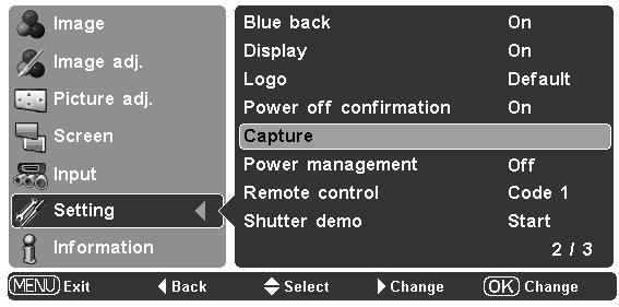 is displayed when turning off the projector (p.19). Press the Point 8 or OK buttons to switch On/Off.