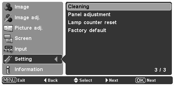Maintenance and Cleaning 1 2 3 4 5 6 7 Clean by using the Cleaning function in the Setting Menu Turn the projector on and press the MENU button to display the On-Screen Menu.