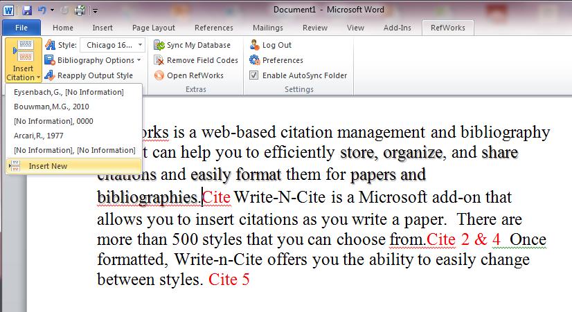 2. Click Insert Citation, and then Insert New (already used citations