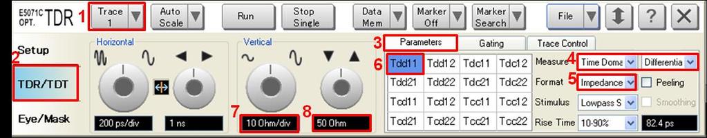 4. Select Time Domain and Differential for Measure. 5. Select Format to Impedance 6. Click Tdd11. 7. Click the box below the left knob under Vertical. Set the vertical scale to 10 Ohm/div. 8.