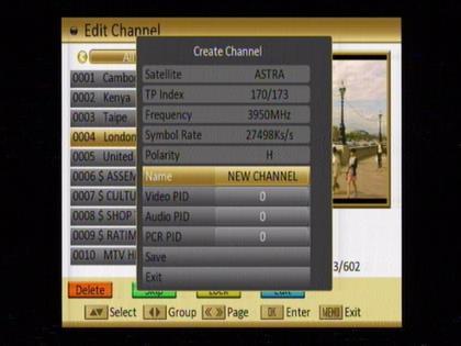 1. Press [OK] on the Satellite item to display the satellite list. You can select the satellite for which you want to create a new channel. 2.