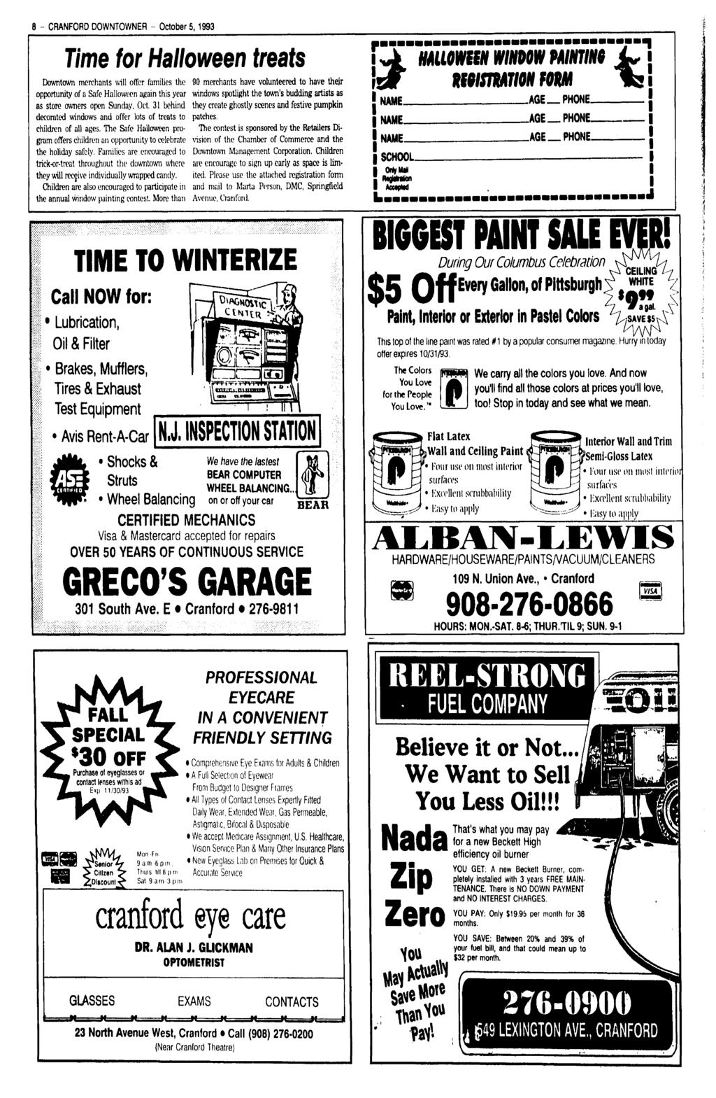 B - CRANFORD DOWNTOWNER - October 5,1993 Time for Halloween treats Downtown merchants will offer families the opportunity of a Safe Halloween again this year as store owners open Sunday, Oct.