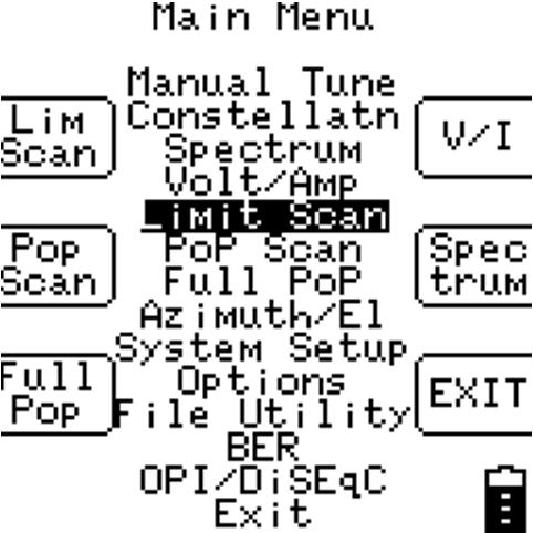 2. Setup After the dish installation is complete, select Limit Scan from the main menu: 3. Scanning Selecting Limit Scan from the Main Menu will start the Limit Scan screen.