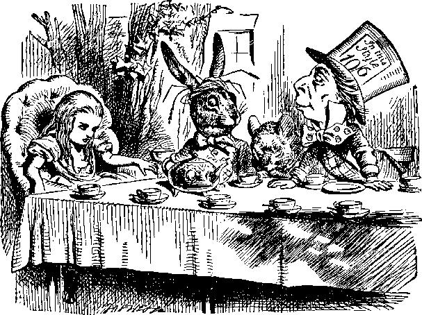 Chapter VII A Mad Tea-Party There was a table set out under a tree in front of the house, and the March Hare and the Hatter were having tea at it: a Dormouse was sitting between them, fast asleep,