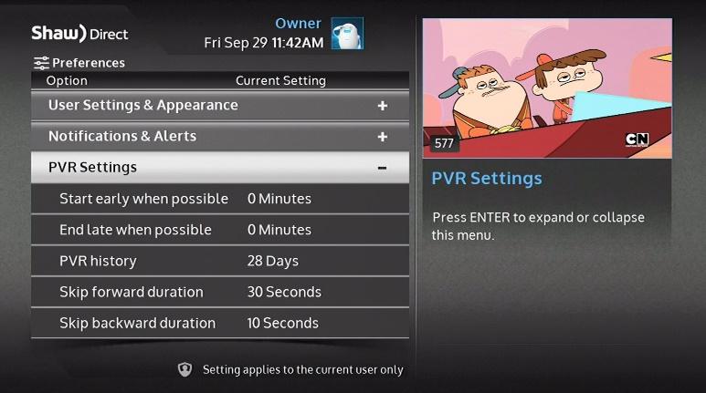 PVR Settings (HDPVR Only) Start Early When Possible [0 minutes, 1-5 minutes]: Start all of your recordings early by default.