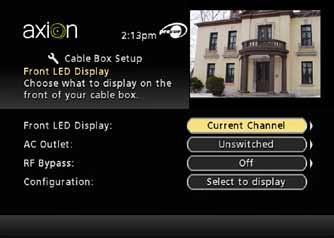 Section 2 - Digital cable access Terminal setup Select Setup from the main menu and press Cable box setup. Front LED display: 1. Select Front LED display from the cable box setup menu; 2.