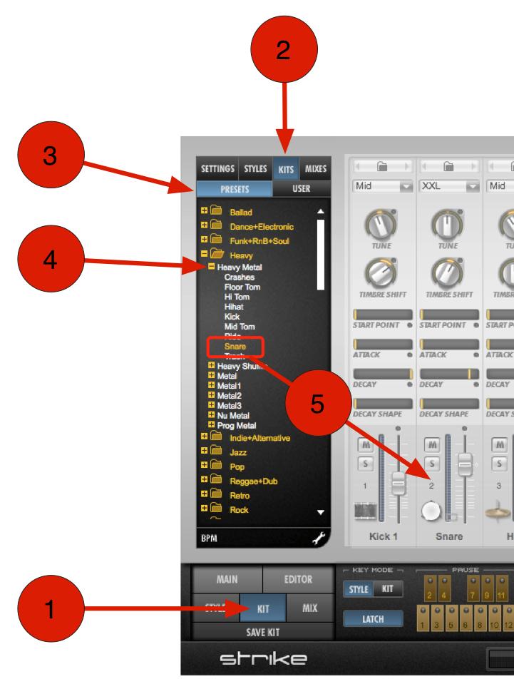 How to: Exchange Instruments To replace single Instruments in a Setting that you ve already loaded: 1. Click the Kit button in the Navigator to bring up the Kit page in the Control Section. 2.