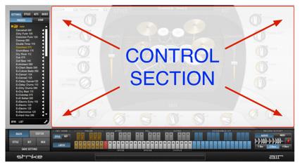 Control Section Control Section: Strike contains five pages. Each page provides controls that correspond to a certain stage or aspect of drum track production in a real studio situation.
