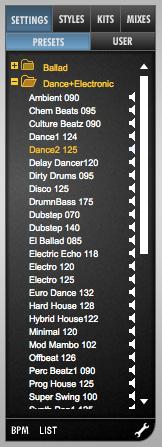 Viewing the Settings, Styles, Kits, or Mixes: Along the top of the browser are four main folder buttons: Settings, Styles, Kits, and Mixes.