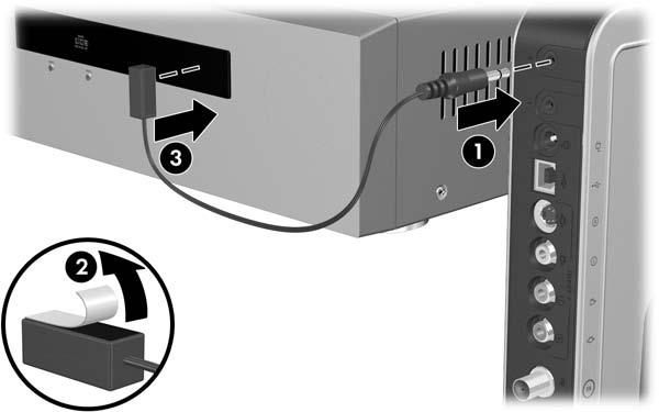 Media Center Setup To set-top box B in a dual-tuner connection: a. Connect the IR blaster cable plug to the IR2 connector on the TV tuner 1. b. Remove the backing paper from the emitter to expose a strip of adhesive tape 2.