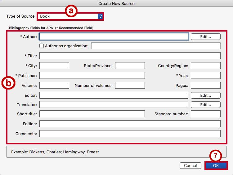 Type of Source - Change the type of source you are citing, click on the dropdown box in the Type of Source field to select a new source (e.g. Book, Journal, Webpage, etc.