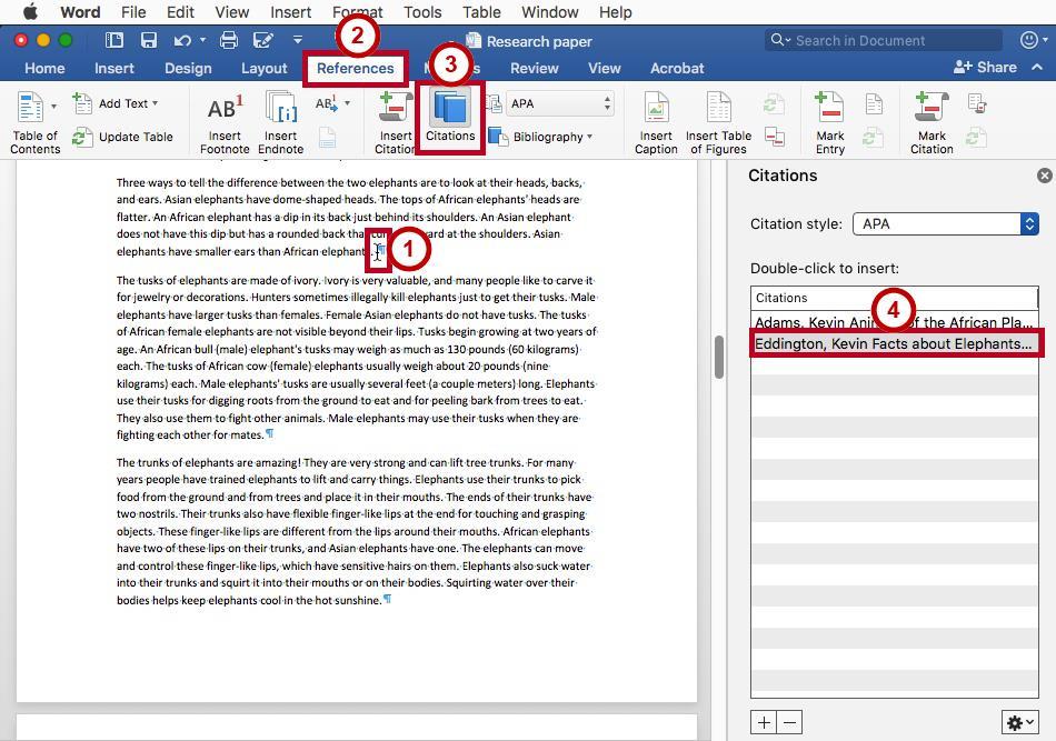 Insert Saved Citation 1. Click after the text where you want to insert your citation (See Figure 21). 2. Click the References tab (See Figure 21). 3. Click Citation (See Figure 21). 4.