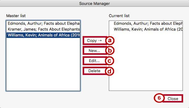 5. The Source Manager window will appear. The Master List will show all sources you have entered using the citation tool, while the Current List will show sources in your current document.