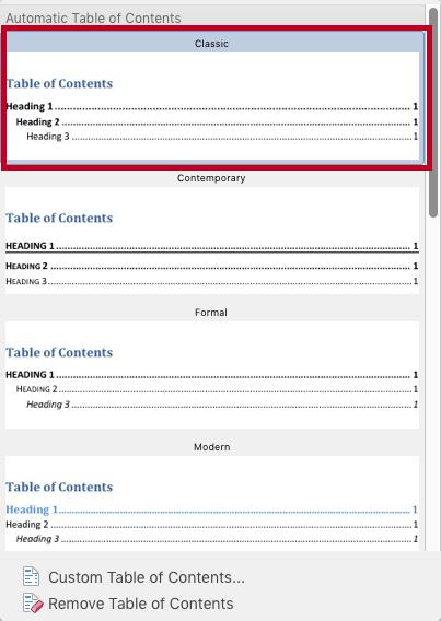 Inserting a Table of Contents Word provides a quick and easy way to create a Table of Contents page for your document; provided you have already applied the proper headings to the chapters/sections