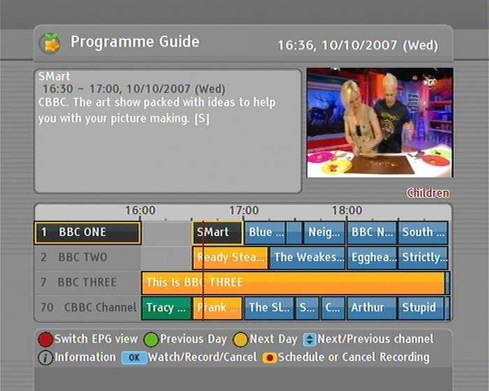 22 Watching TV Finally, pressing the Red button on the remote will change the EPG from the current, single channel view, to a multi channel view, like this: In this view of the EPG, you ll see a